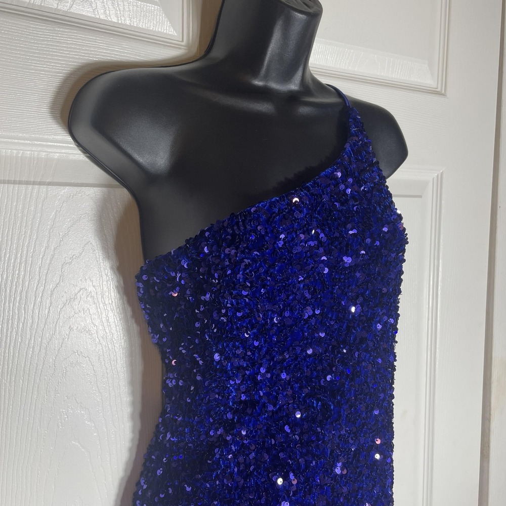 Midnight Doll Sequin Dress Women M Blue One Shoulder Bodycon Holiday Club Party - Picture 2 of 10